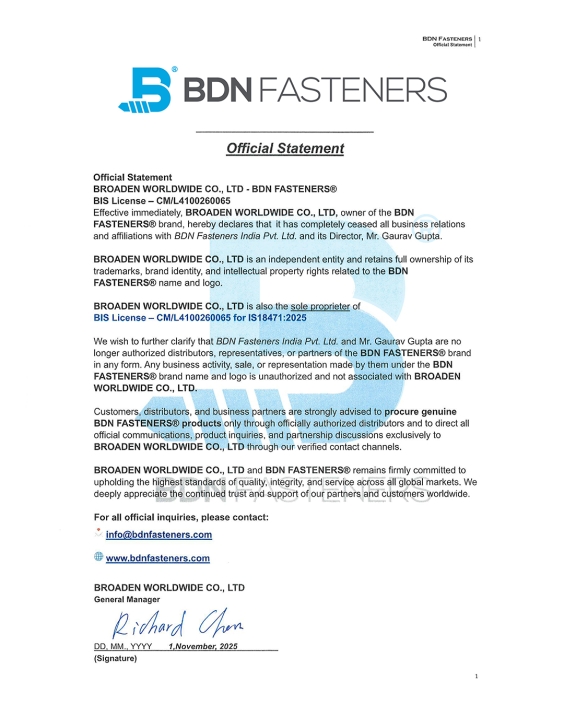 Official Statement: Notice of Termination of Affiliation with BDN Fasteners India Pvt. Ltd.