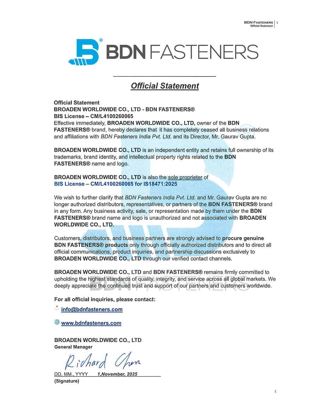 Official Statement: Notice of Termination of Affiliation with BDN Fasteners India Pvt. Ltd.