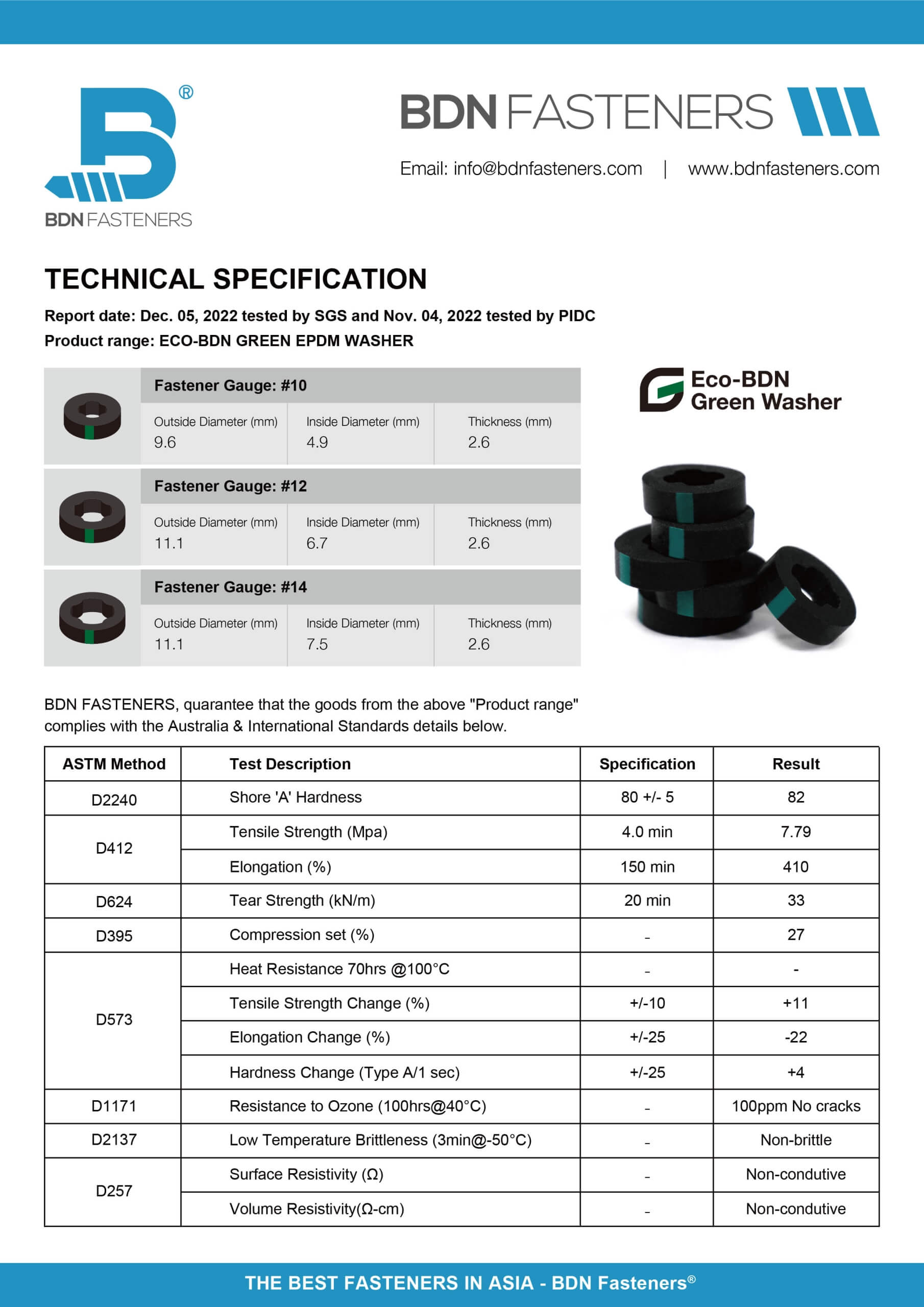 BDN Green EPDM Washer - Technical Specification