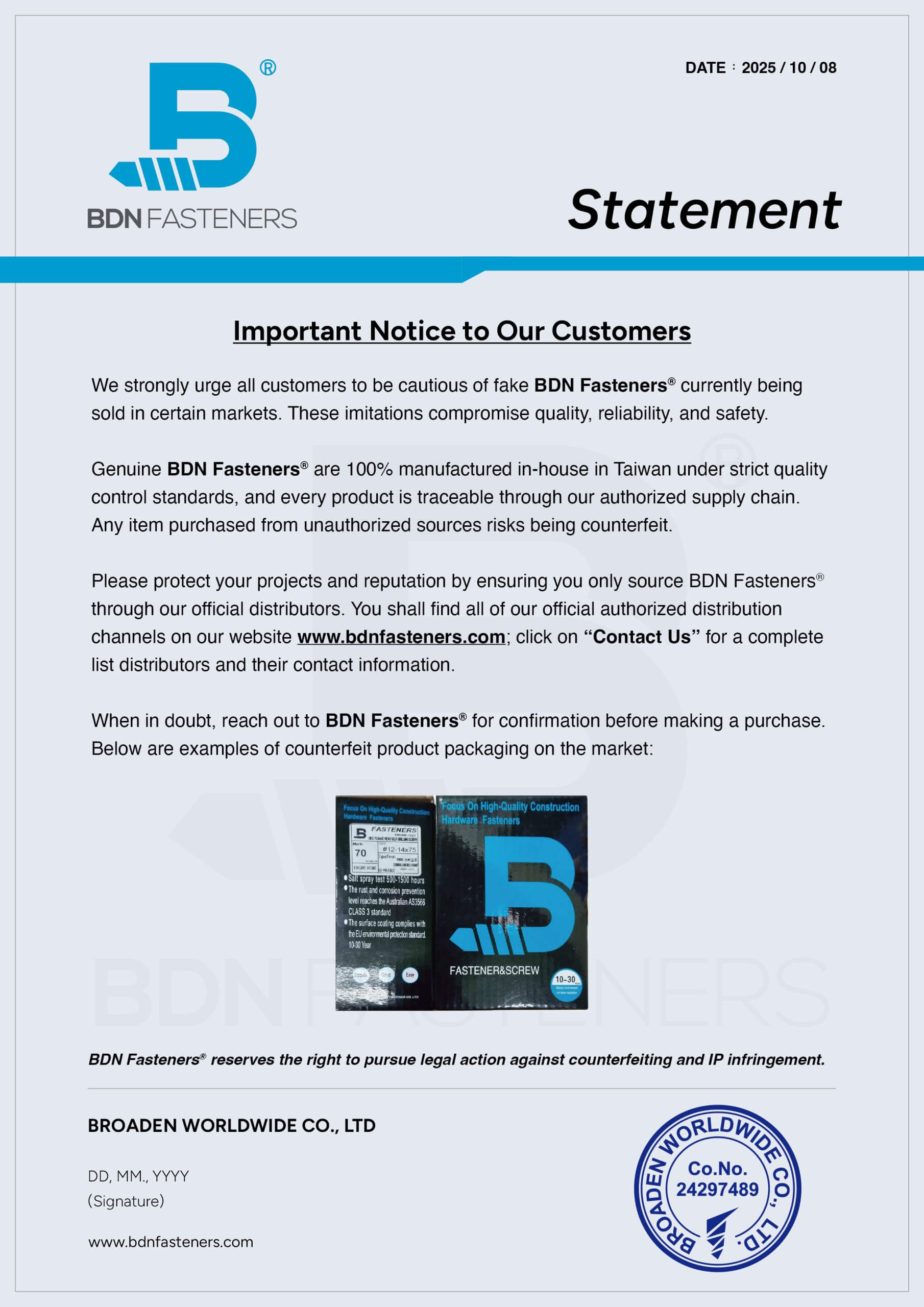Important Notice - Beware of Counterfeit BDN Fasteners_01