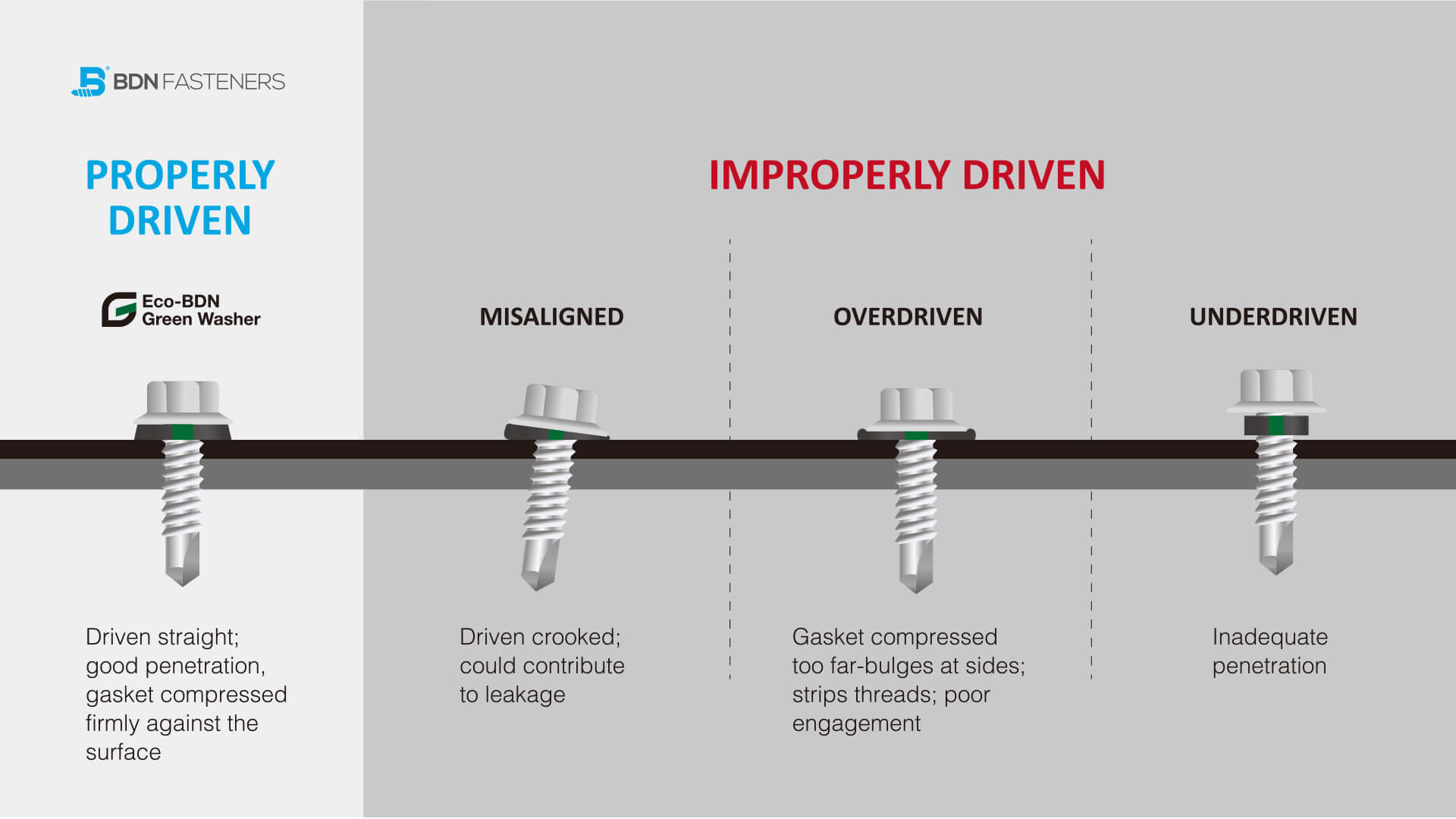 Properly Driven Screw - BDN Fasteners (Eco-BDN Green Washer)